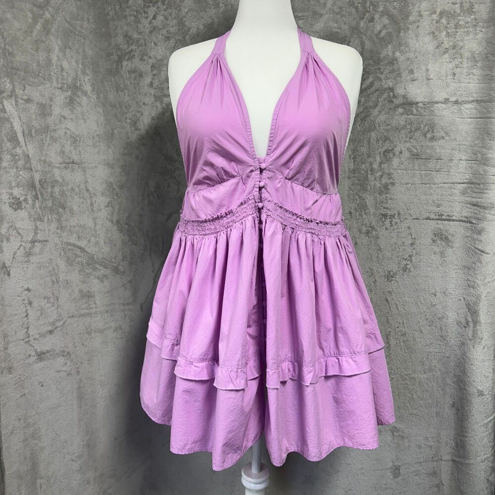 Free People Sail Away Tunic Mini Dress Halter V Neck Coquette Fairy Lilac Sz XL